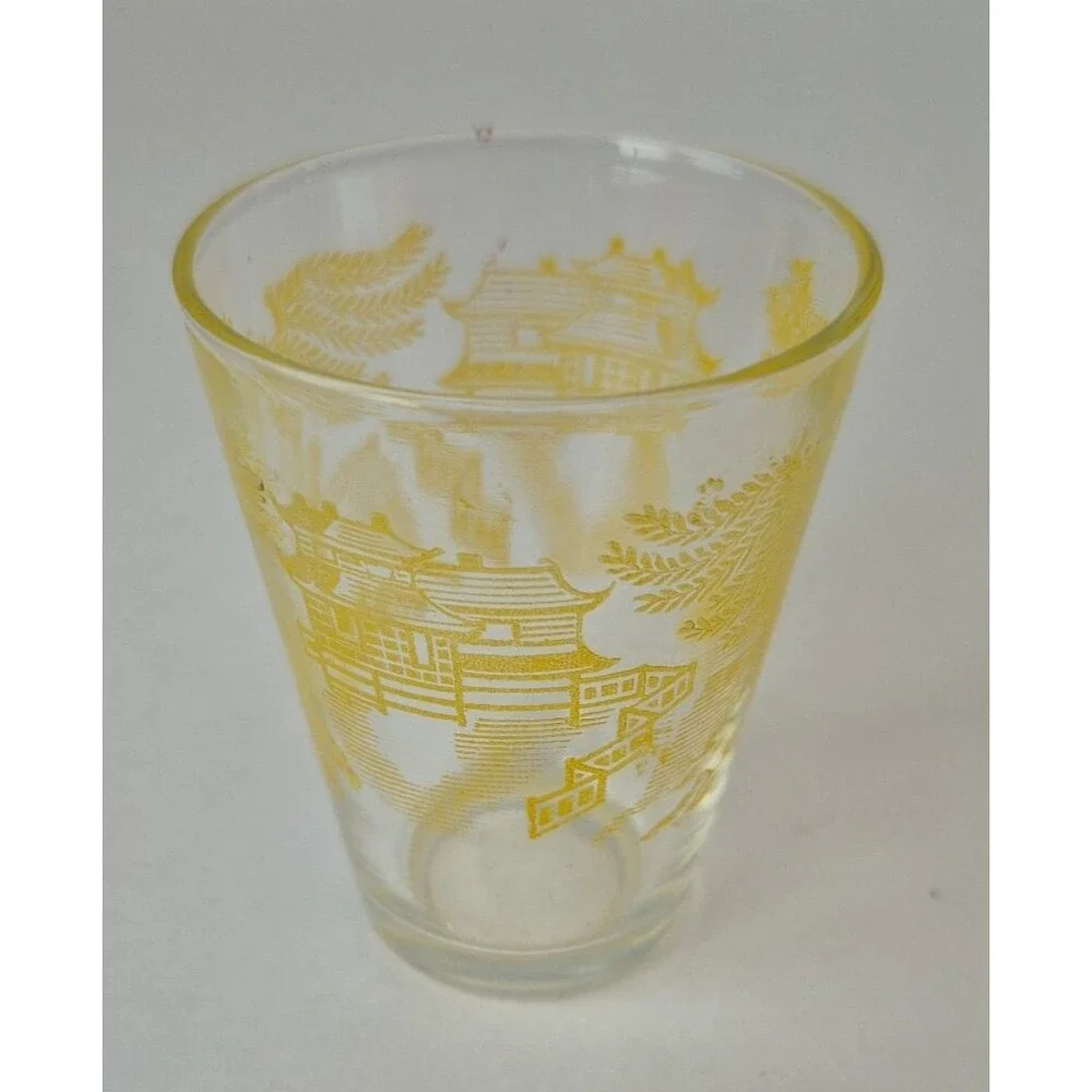 Federal Glass VTG Set of 5 Asian Pagoda Blue Willow Landscape MCM Shot Glasses